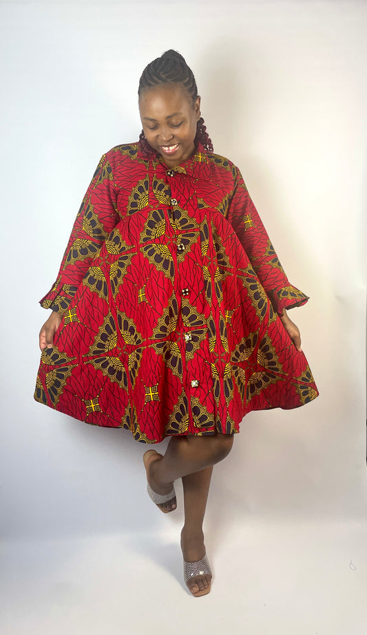 Diamond Ankara Shift dress Red