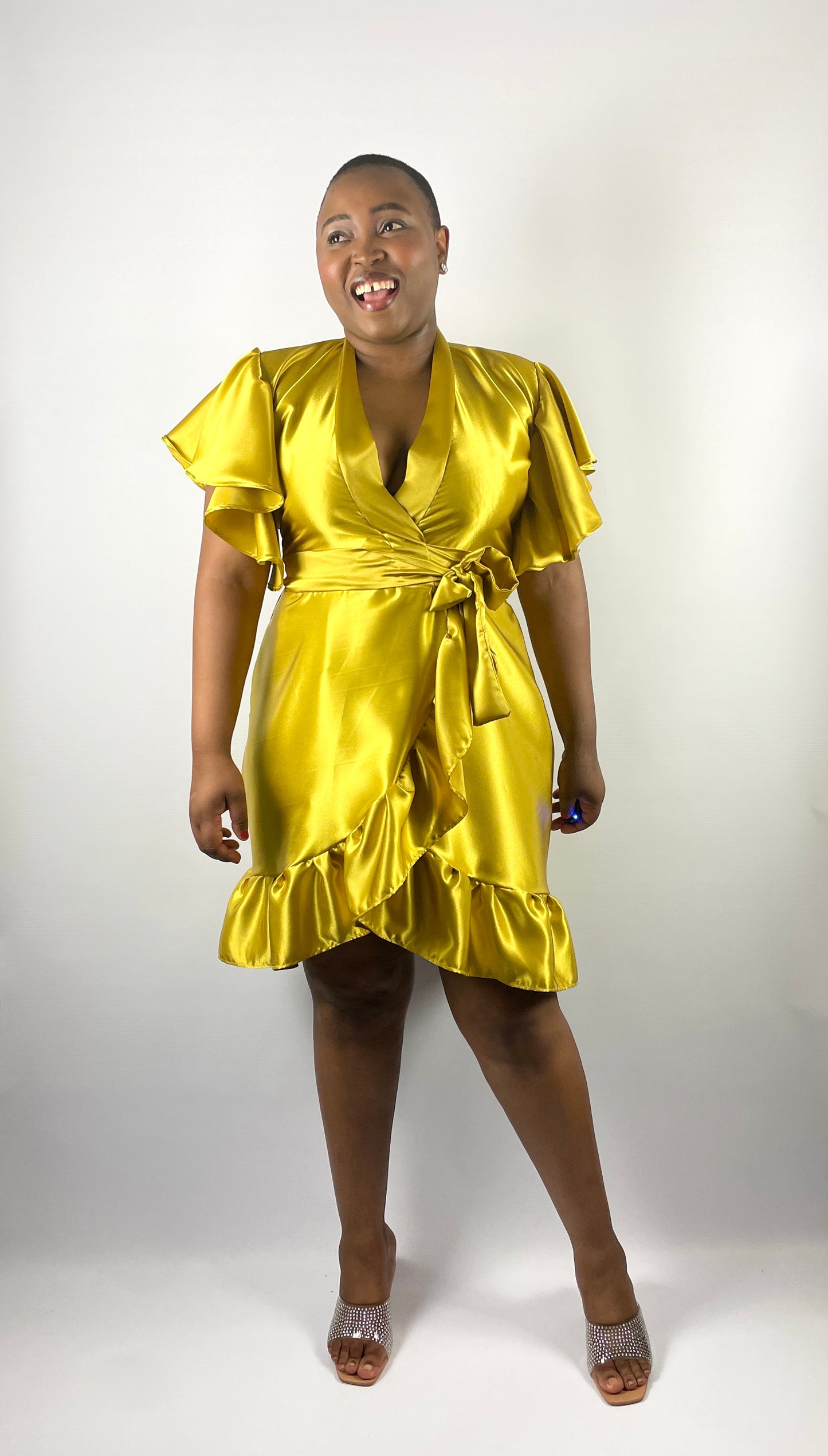 Zuri Satin Wrap Dress Mustard